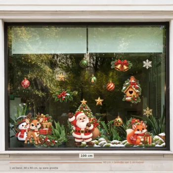 Herbruikbare raamstickers kerst - 1 vel van 60 x 60 cm op een raam van 100 cm breed, op ware grootte
