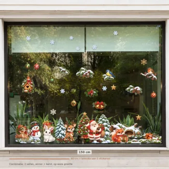 Herbruikbare raamstickers kerst - winter en kerst samen op een raam van 150 cm breed