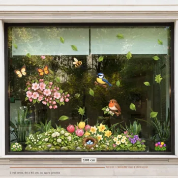 Herbruikbare raamstickers lente - 1 vel van 60 x 60 cm op een raam van 100 cm breed, op ware grootte