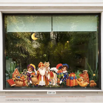 Herbruikbare raamstickers Sinterklaas - 1 vel van 60 x 60 cm op een raam van 100 cm breed, op ware grootte