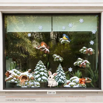 Herbruikbare raamstickers winter - 1 vel van 60 x 60 cm op een raam van 100 cm breed, op ware grootte