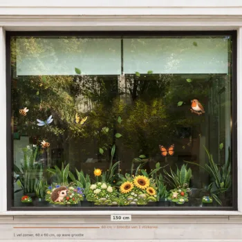 Herbruikbare raamstickers zomer - 1 vel van 60 x 60 cm op een raam van 150 cm breed, op ware grootte