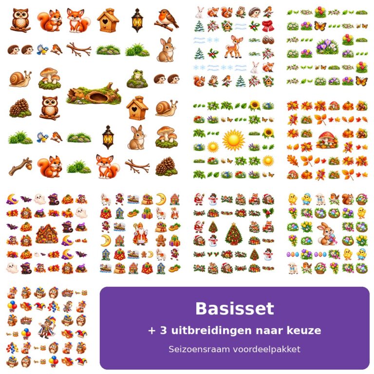 Seizoensraam: herbruikbare raamstickers voor elk seizoen 1 Herbruikbare raamstickers Seizoensraam: basisset met bosdieren en 9 uitbreidingen voor elk seizoen