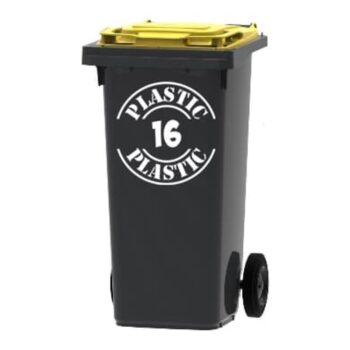 Plastic huisnummer sticker - stempel-sticker met PLASTIC en huisnummer op een kliko