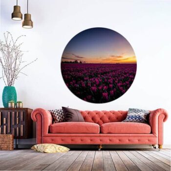 Muurcirkel tulpenveld als rond schilderij voor aan de wand