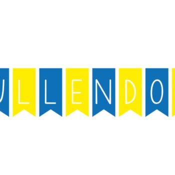 a blue yellow and green flag with black text