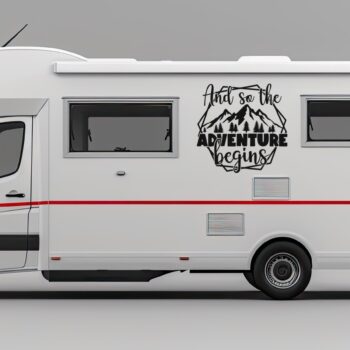 and so the adventure begins sticker: Camper sticker And so the adventure begins op de zijkant van een camper