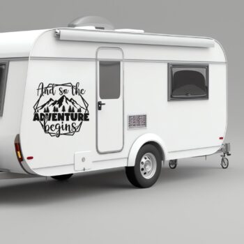 and so the adventure begins sticker: Camper sticker And so the adventure begins op de zijkant van een caravan