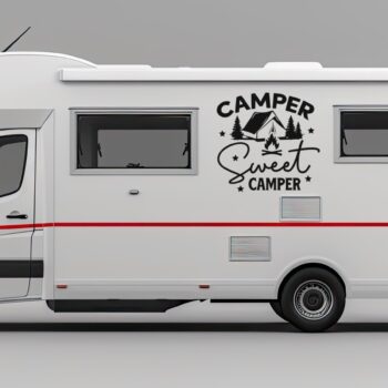 camper sticker tent: Camper sticker Camper sweet camper met tent op de zijkant van een camper