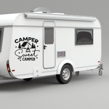 camper sticker tent: Camper sticker Camper sweet camper met tent op de zijkant van een caravan