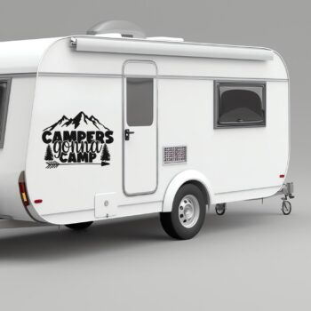 campers gonna camp sticker: Camper sticker Campers gonna camp op de zijkant van een caravan