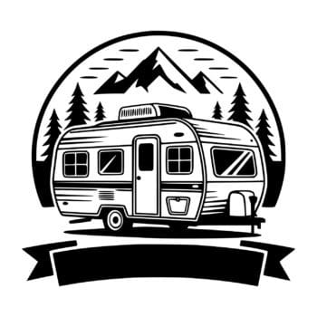 caravan sticker met naam: Caravan sticker achterkant met bergen en eigen naam in het lint in gesneden vinyl van Plakhet.nl