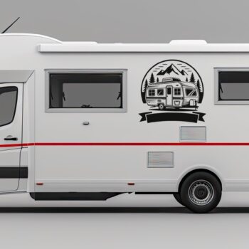 caravan sticker met naam: Caravan sticker met bergen en eigen naam in het lint op de zijkant van een camper