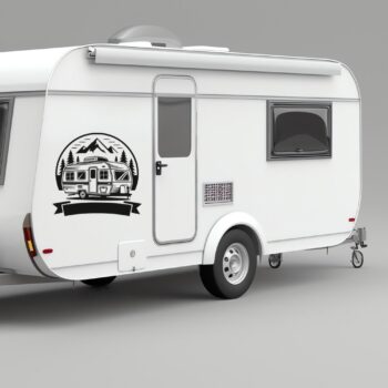 caravan sticker met naam: Caravan sticker met bergen en eigen naam in het lint op de zijkant van een caravan