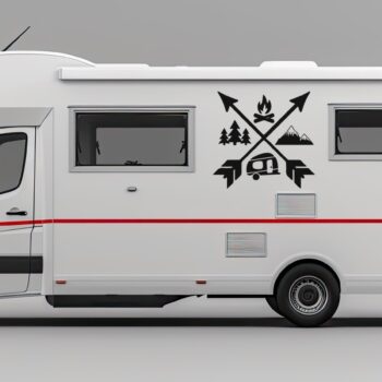 caravan sticker pijlen: Camper sticker gekruiste pijlen met caravan, bergen en kampvuur op de zijkant van een camper