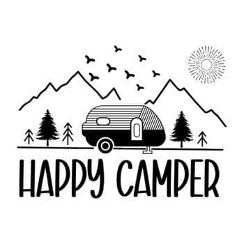 happy camper sticker: Camper sticker Happy Camper met bergen en caravan in gesneden vinyl van Plakhet.nl