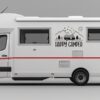 happy camper sticker: Camper sticker Happy Camper met bergen en caravan op de zijkant van een camper