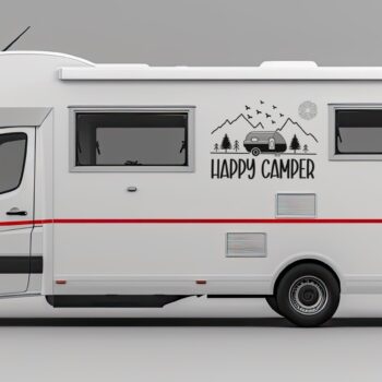 happy camper sticker: Camper sticker Happy Camper met bergen en caravan op de zijkant van een camper