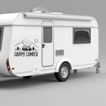 happy camper sticker: Camper sticker Happy Camper met bergen en caravan op de zijkant van een caravan