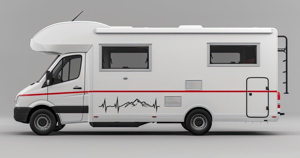 Camperstickers: hartslag met bergen op de zijkant van een camper