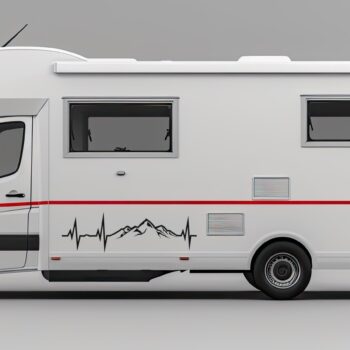 hartslag sticker bergen: Camper sticker hartslag met bergen op de zijkant van een camper