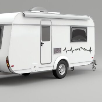 hartslag sticker bergen: Camper sticker hartslag met bergen op de zijkant van een caravan