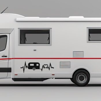 hartslag sticker caravan: Caravan sticker hartslag met grote caravan en hart op de zijkant van een camper