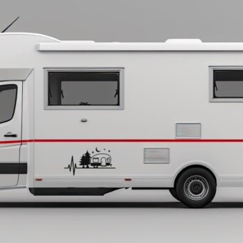 caravan sticker maan en sterren: Caravan sticker hartslag met bomen, maan en sterren op de zijkant van een camper