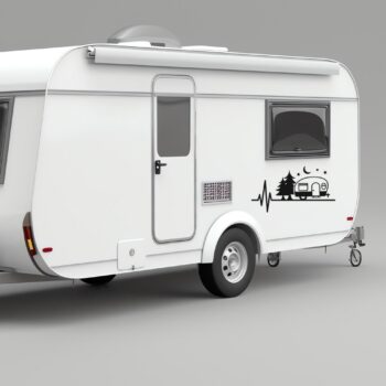 caravan sticker maan en sterren: Caravan sticker hartslag met bomen, maan en sterren op de zijkant van een caravan