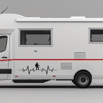 hartslag sticker wandelaar: Camper sticker hartslag met wandelaar op de zijkant van een camper