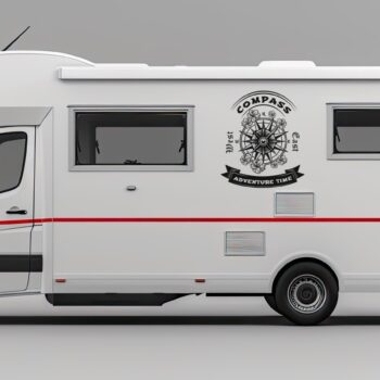 Kompas sticker Adventure Time met bloemen op de zijkant van een camper