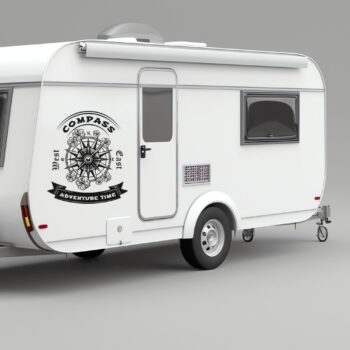 Kompas sticker Adventure Time met bloemen op de zijkant van een caravan