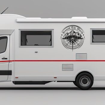 kompas sticker bergen: Kompas sticker Around The World met bergen en bos op de zijkant van een camper