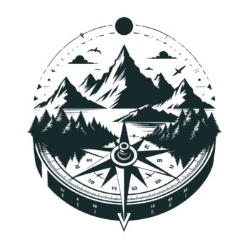 Kompas sticker met bergen, bos en meer in gesneden vinyl van Plakhet.nl