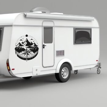 Kompas sticker met bergen, bos en meer op de zijkant van een caravan