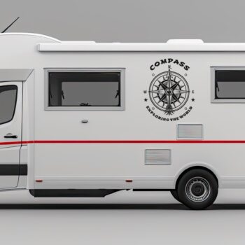 Kompas sticker Exploring The World op de zijkant van een camper