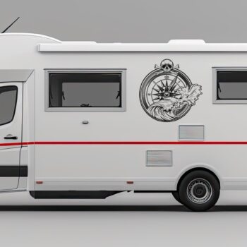 kompas sticker golf: Kompas sticker met golf en doodshoofd op de zijkant van een camper