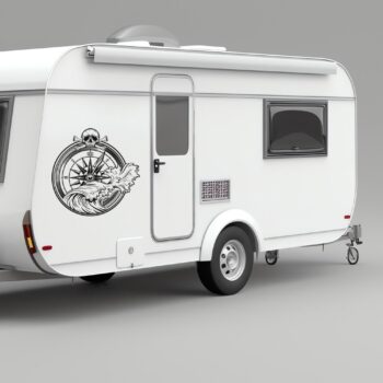 kompas sticker golf: Kompas sticker met golf en doodshoofd op de zijkant van een caravan