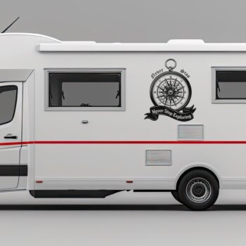 never stop exploring sticker: Kompas sticker Never Stop Exploring op de zijkant van een camper