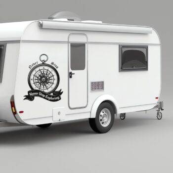 never stop exploring sticker: Kompas sticker Never Stop Exploring op de zijkant van een caravan