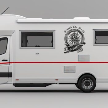 kompas sticker walvis: Kompas sticker Around The World met walvis op de zijkant van een camper