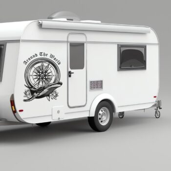 kompas sticker walvis: Kompas sticker Around The World met walvis op de zijkant van een caravan