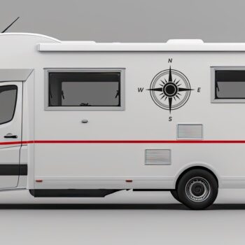 windroos sticker zon: Kompas sticker windroos met zon op de zijkant van een camper
