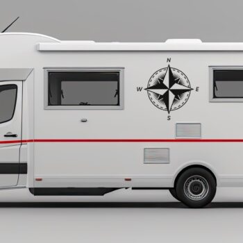windroos sticker camper: Kompas sticker windroos met stippellijn op de zijkant van een camper