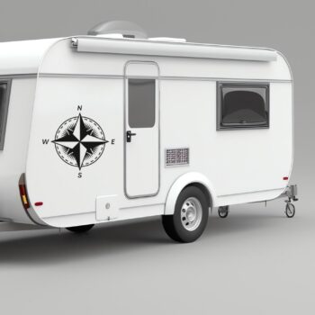 windroos sticker camper: Kompas sticker windroos met stippellijn op de zijkant van een caravan