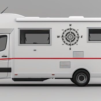 kompas sticker camper: Kompas sticker windroos met cirkels op de zijkant van een camper
