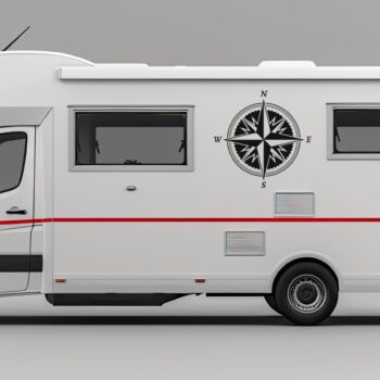 windroos sticker caravan: Kompas sticker windroos met kartelrand op de zijkant van een camper