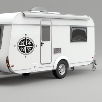 windroos sticker caravan: Kompas sticker windroos met kartelrand op de zijkant van een caravan