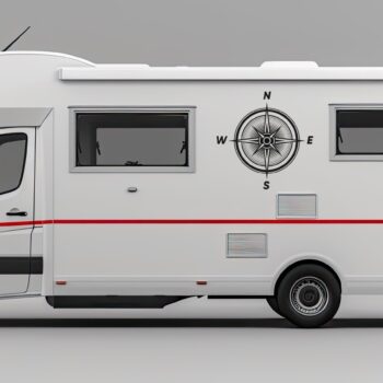 minimalistische kompas sticker: Kompas sticker windroos minimalistisch op de zijkant van een camper