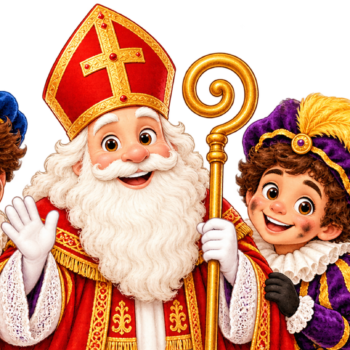 Ontwerp raamsticker Sinterklaas, twee Pieten en het paard